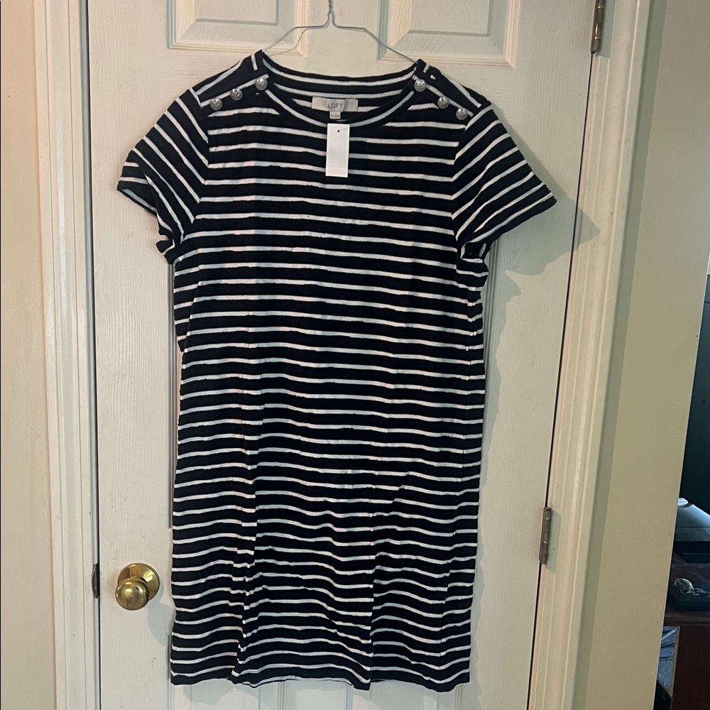 LOFT Black and White Striped Midi Dress with Button Shoulder Detail